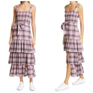 Likely Paretti Plaid Tiered Square Neck Belted Smocked Maxi Sundress Pink Gray